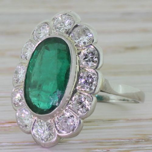 Art Deco 3.00 Carat Emerald & Diamond Cluster Ring, Circa 1940
