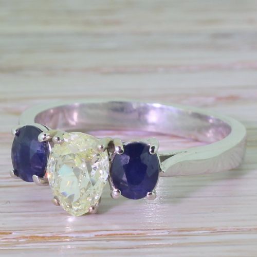 Victorian 1.10 Carat Old Pear Cut Diamond & Sapphire Trilogy Ring, Circa 1870
