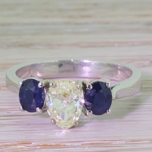 fig 1. Victorian 1.10 Carat Old Pear Cut Diamond & Sapphire Trilogy Ring, circa 1870
