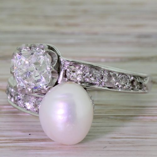 Art Deco 0.98 Carat Old Cut Diamond & Natural Pearl Cross Over Ring, French, Circa 1930
