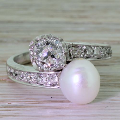 fig 1. Art Deco 0.98 Carat Old Cut Diamond & Natural Pearl Cross Over Ring, French, circa 1930
