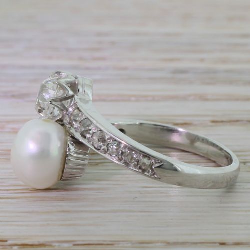 fig 2. Art Deco 0.98 Carat Old Cut Diamond & Natural Pearl Cross Over Ring, French, circa 1930
