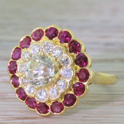 Art Deco 0.92 Carat Old Cut Diamond & Ruby Cluster Ring, French, Circa 1935

