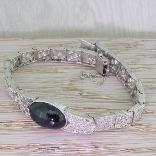 Art Deco 12.40 Carat Cabochon Sapphire & Diamond Bracelet, Circa 1940
