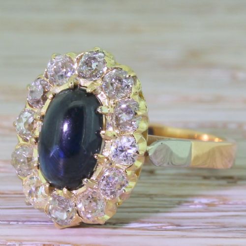 Art Deco 2.00 Carat Cabochon Sapphire & Diamond Cluster Ring, French, Circa 1930
