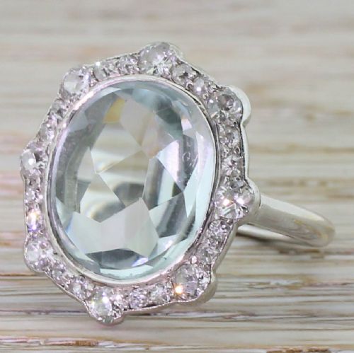 Art Deco Fancy Cut Aquamarine & Old Cut Diamond Ring, Circa 1935
