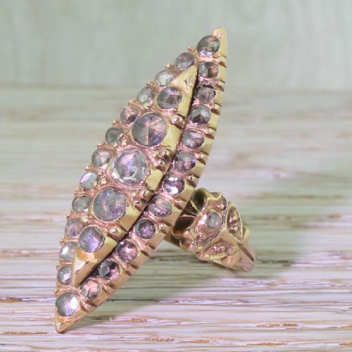 Victorian 2.00 Carat Rose Cut Diamond Navette Ring, Circa 1870
