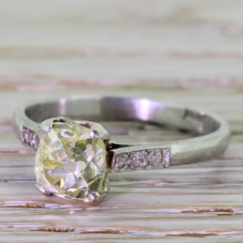 Art Deco 1.46 Natural Fancy Yellow Old Cut Diamond Engagement Ring, Circa 1920
