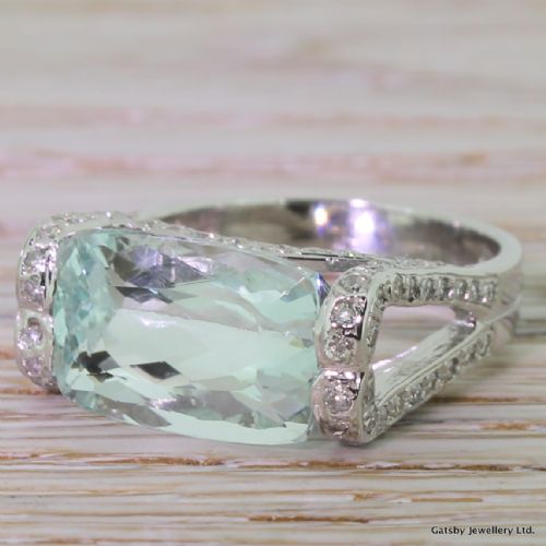 Mid Century Fancy Cut Aquamarine & Diamond Cocktail Ring, Circa 1950
