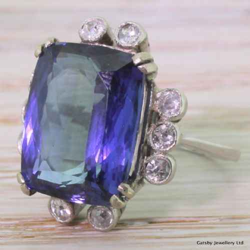 Art Deco 8.73 Carat Tanzanite & Old Cut Diamond Ring, Circa 1930
