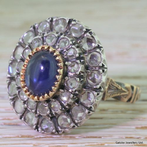Victorian Cabochon Sapphire & Rose Cut Diamond Ring, Circa 1870
