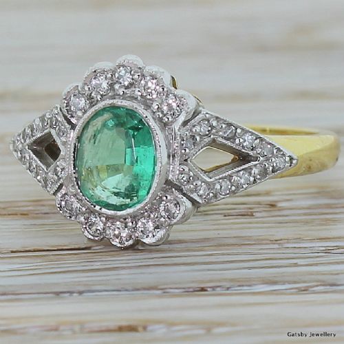 Mid Century Emerald & Diamond Split Shank Cluster, Circa 1950
