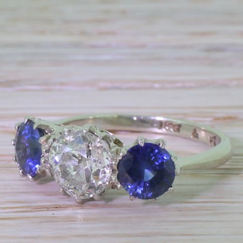 Art Deco 1.05 Carat Old Cut Diamond & Sapphire Trilogy Ring, Circa 1935
