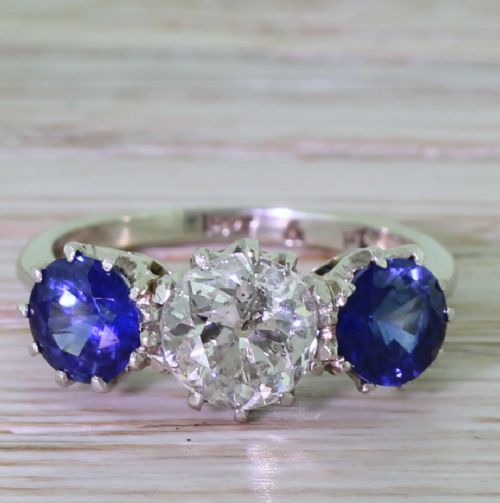 fig 1. Art Deco 1.05 Carat Old Cut Diamond & Sapphire Trilogy Ring, circa 1935