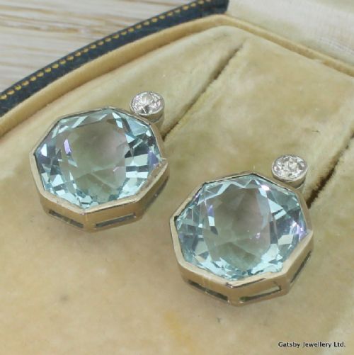 Art Deco 22.00 Carat Octagon Cut Aquamarine & Diamond Earrings, Circa 1935

