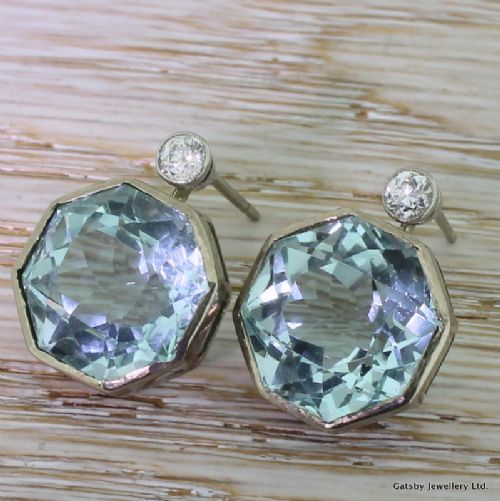 fig 1. Art Deco 22.00 Carat Octagon Cut Aquamarine & Diamond Earrings, circa 1935