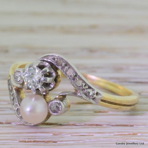 Art Nouveau Old Cut Diamond & Pearl "Twist" Ring, French, Circa 1910
