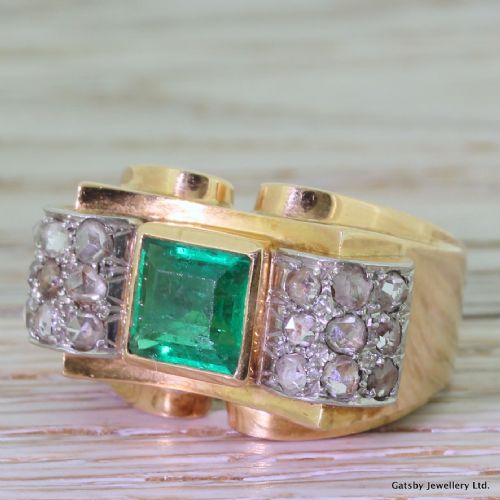 Art Deco Emerald & Rose Cut Diamond Ring, Circa 1930
