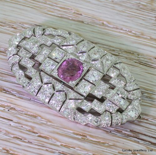 Art Deco Pink Sapphire & Diamond Panel Brooch, Circa 1940
