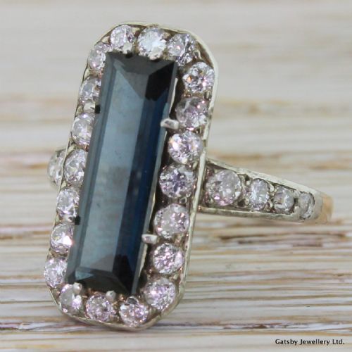Art Deco 1.50 Carat Fancy Cut Sapphire & Old Cut Diamond Ring, French, Circa 1935
