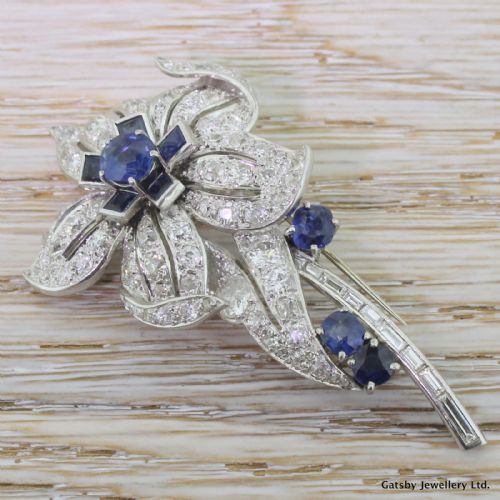Art Deco 4.50 Carat Diamond & 2.60 Carat Sapphire Flower Brooch, Circa 1920
