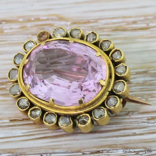 Victorian 5.25 Carat Pink Topaz & Rose Cut Diamond Brooch, Circa 1900
