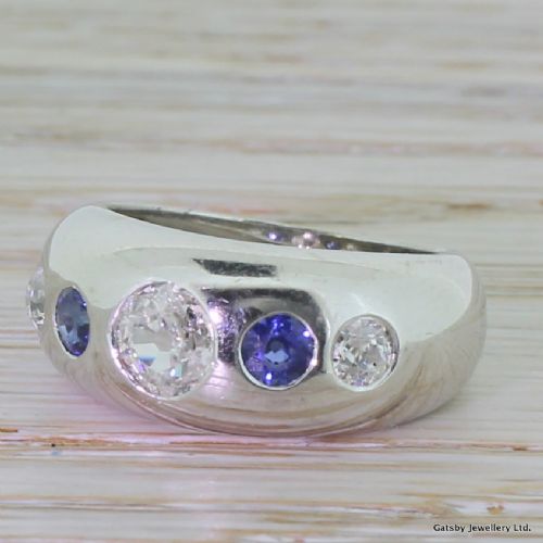 Victorian 0.95 Carat Old Cut Diamond & Sapphire Band Ring, Circa 1890
