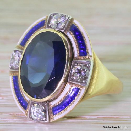 Art Deco 6.24 Carat Sapphire, Diamond & Enamel Ring, Circa 1920