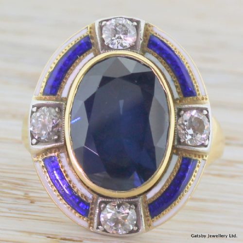 fig 1. Art Deco 6.24 Carat Sapphire, Diamond & Enamel Ring, circa 1920