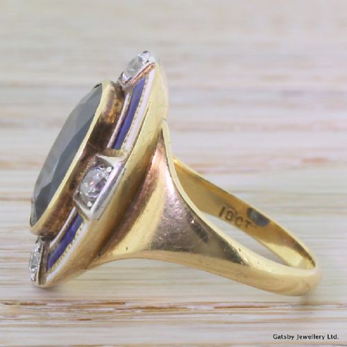 fig 2. Art Deco 6.24 Carat Sapphire, Diamond & Enamel Ring, circa 1920