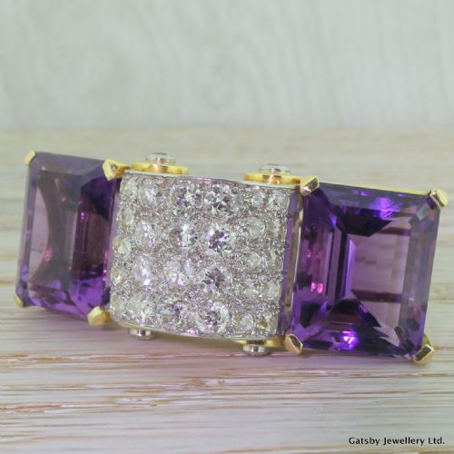Hennell 6.00 Carat Old Cut Diamond & Amethyst Brooch, Circa 1925

