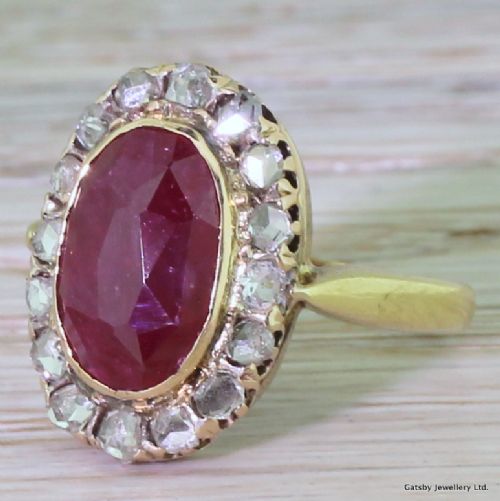Victorian 4.00 Carat Ruby & Rose Cut Diamond Cluster Ring, Circa 1870
