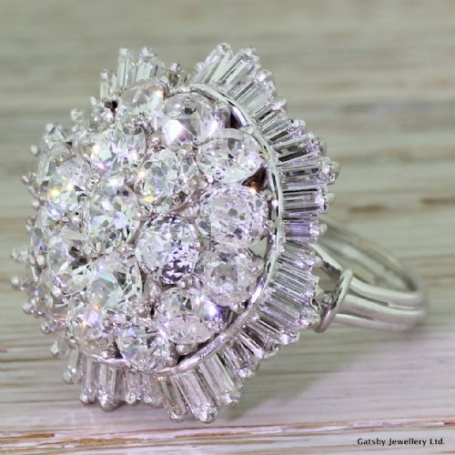 Art Deco 6.55 Carat Old Cut & Baguette Cut Diamond Bombe Ring, Circa 1940
