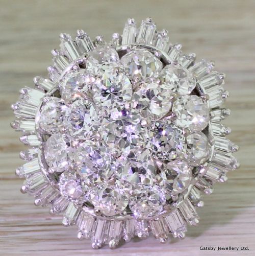 fig 1. Art Deco 6.55 Carat Old Cut & Baguette Cut Diamond Bombe Ring, circa 1940