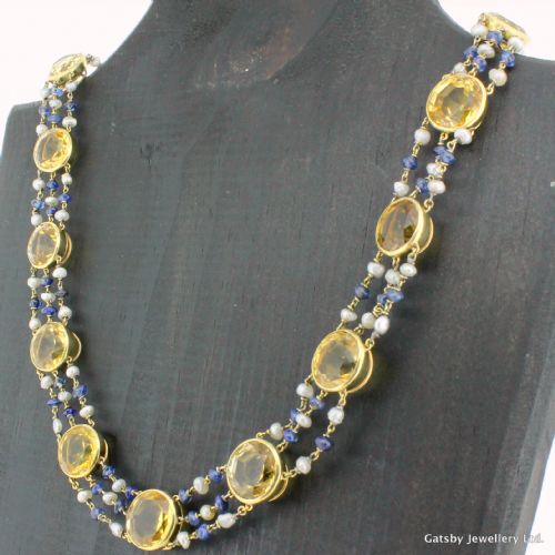 Art Deco Citrine, Sapphire & Pearl Necklace, Circa 1930
