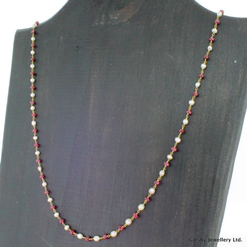 Art Deco Ruby & Natural Pearl Chain Necklace, Circa 1920
