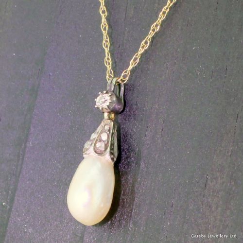 Early Victorian Natural Pearl & Diamond Pendant, Circa 1850
