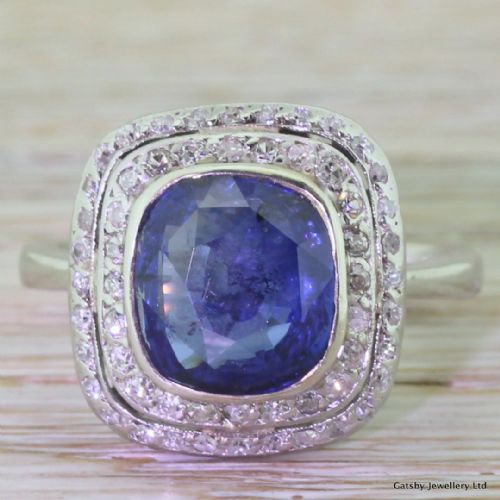 fig 1. Art Deco 4.00 Carat Cushion Cut Sapphire & Double Diamond Halo Ring, circa 1935