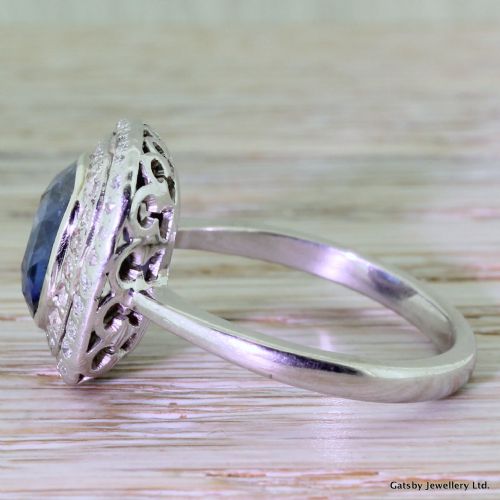 fig 2. Art Deco 4.00 Carat Cushion Cut Sapphire & Double Diamond Halo Ring, circa 1935