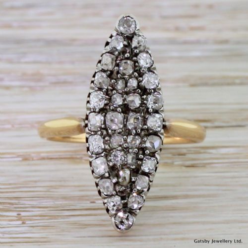 fig 1. Early Victorian 0.96 Carat Old Mine Cut Navette Ring, circa 1840