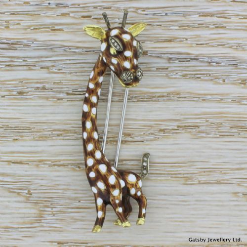 Mid Century Gold, Enamel & Diamond Giraffe Brooch, Circa 1950
