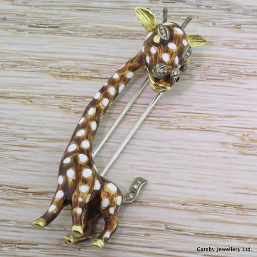 fig 1. Mid Century Gold, Enamel & Diamond Giraffe Brooch, circa 1950