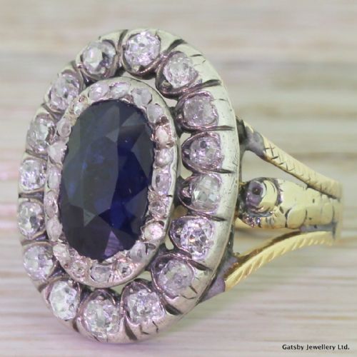 Georgian 2.75 Carat Sapphire & Old Cut Diamond Double Cluster Ring, Circa 1800
