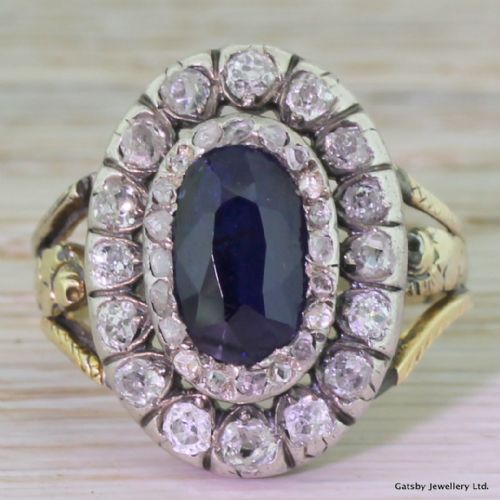 fig 1. Georgian 2.75 Carat Sapphire & Old Cut Diamond Double Cluster Ring, circa 1800