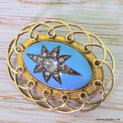 Victorian 0.56 Carat Old Cut Diamond & Turquoise Enamel Brooch, Circa 1870
