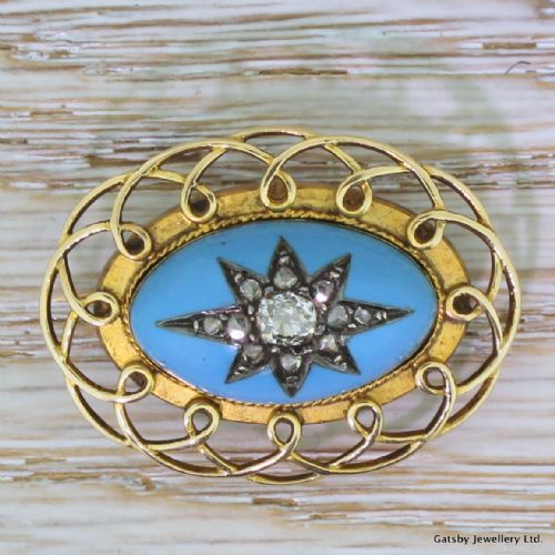 fig 1. Victorian 0.56 Carat Old Cut Diamond & Turquoise Enamel Brooch, circa 1870