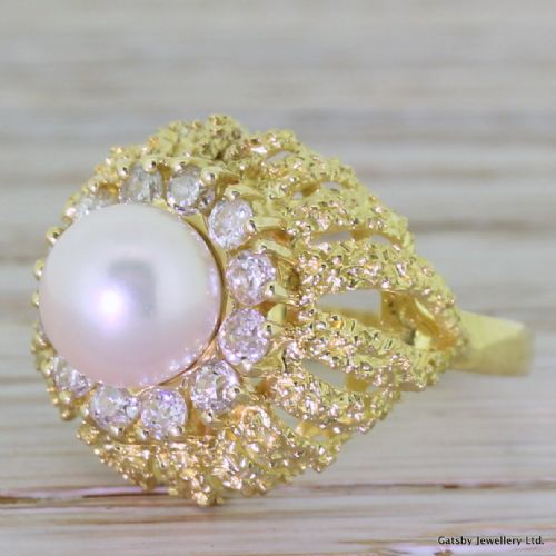 Art Deco Pearl & Old Cut Diamond "Rock" Ring, France, Circa 1940
