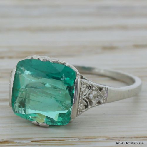 Edwardian 2.00 Carat Cushion Cut Colombian Emerald Ring, French, Circa 1910

