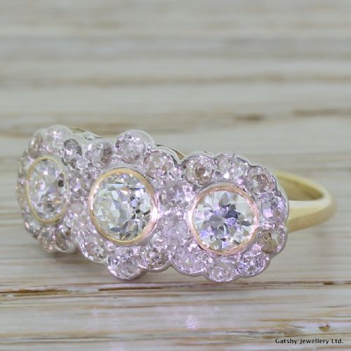 Art Deco 1.72 Carat Old Cut Diamond Triple Cluster Ring, Circa 1920

