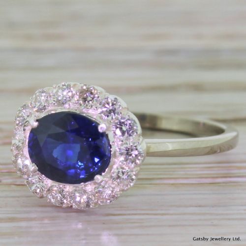 Victorian 1.77 Carat Sapphire & Diamond "Turned" Cluster Ring, Circa 1880
